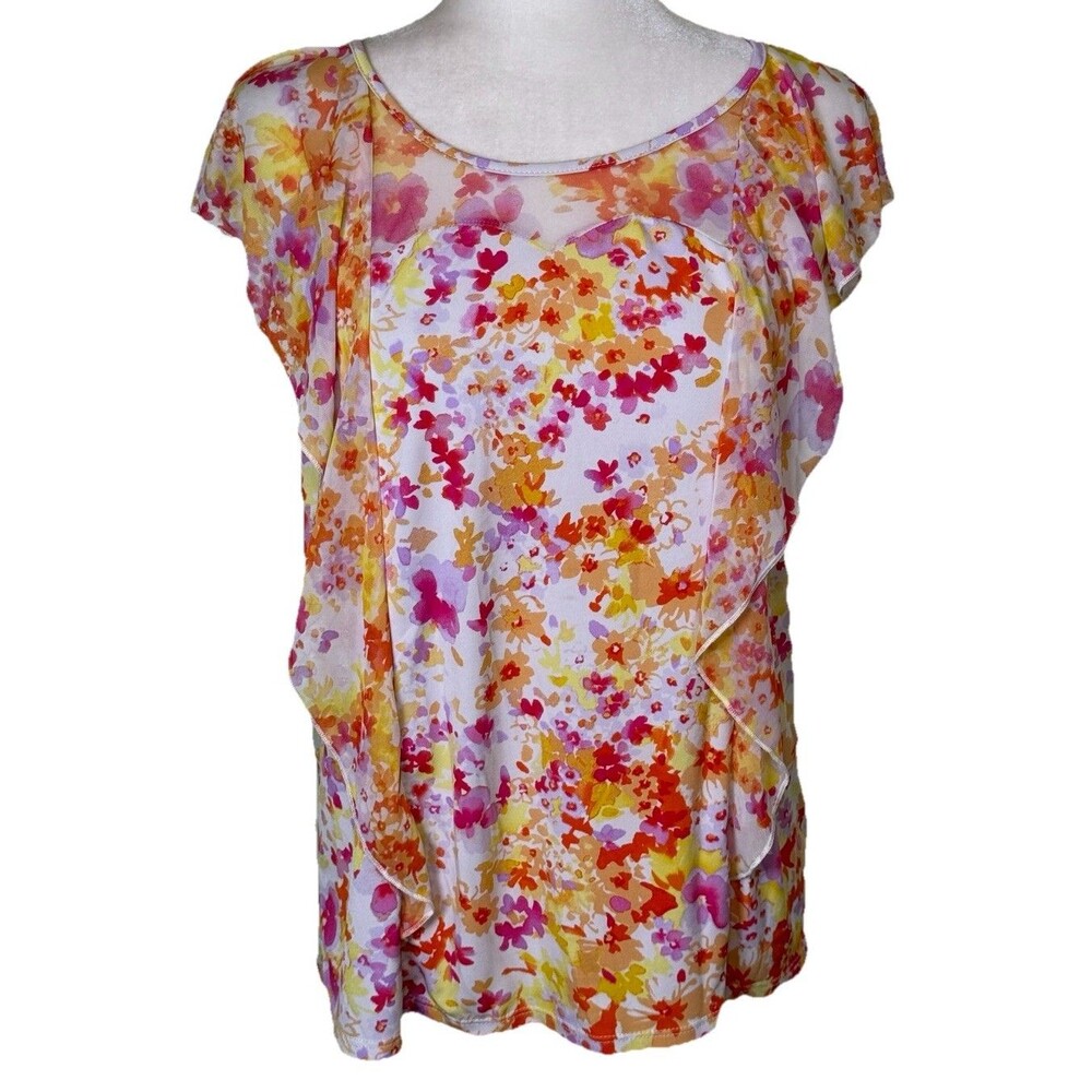 Adele & May Women’s Floral Chiffon Sheer Flutter Sleeve Romantic Summer Top Lg